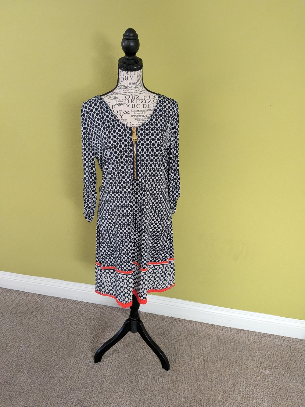 Black & White Geometric Long-Sleeve Dress with Coral Trim